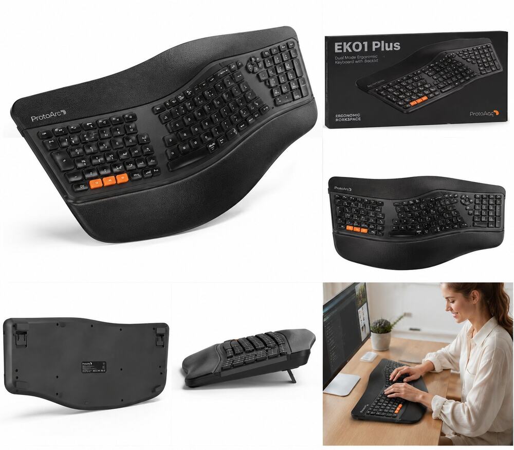 ProtoArc EKO1 Plus Ergonomic Dual Mode Backlit Keyboard – Black